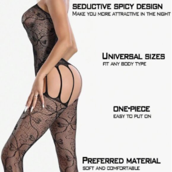 Black Bow Pattern Fishnet Bodysuit - Picture 5 of 7
